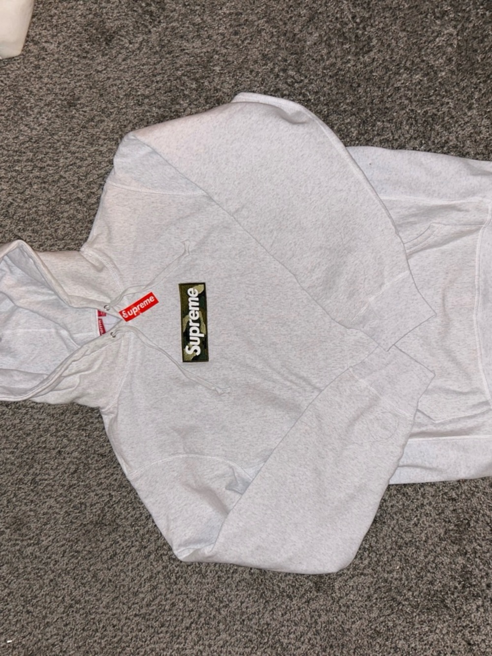 Supreme Heather Gray Hoodie with Camo Box Logo Patch
